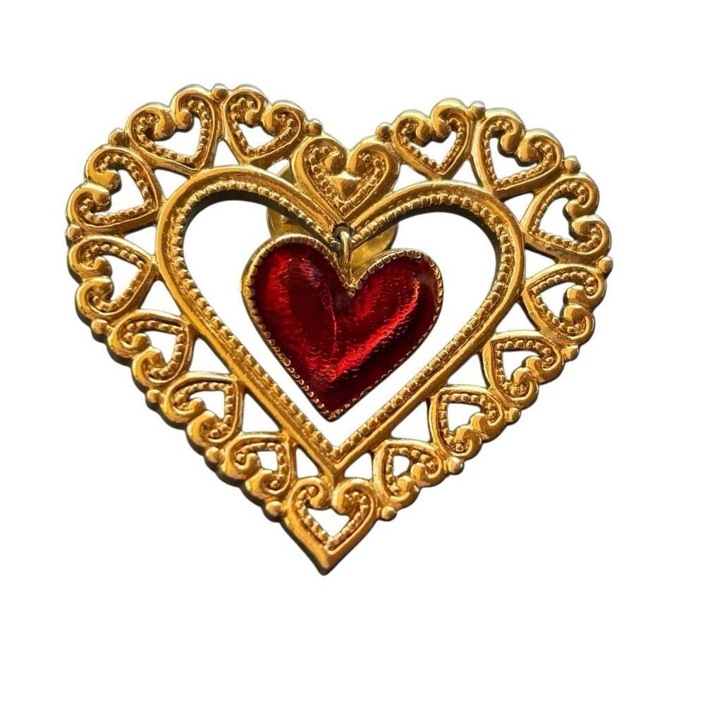 Avon Gold Tone Dangling Heart Brooch